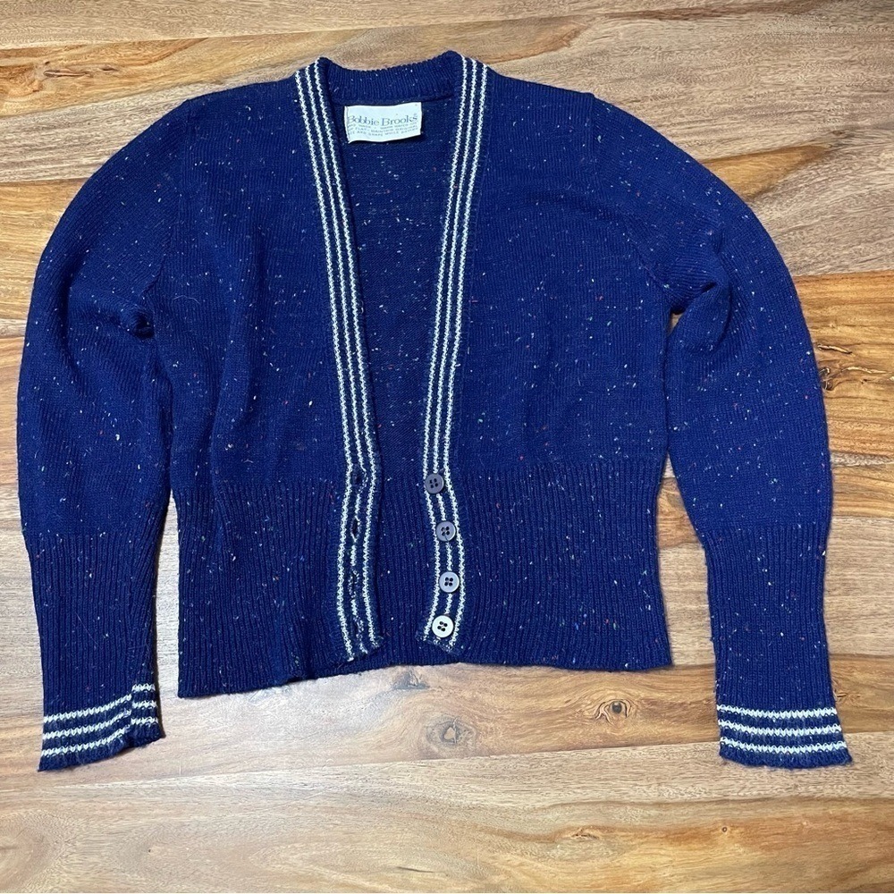 Bobbie‎ Brooks Vintage Kids Blue Speckled Knit Cardigan Sweater White Stripes